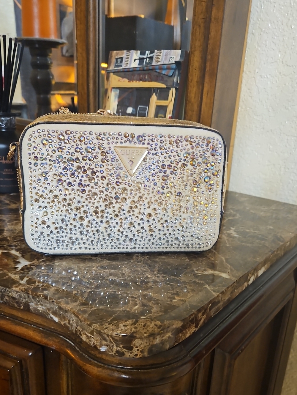 New GUESS Ivory Crystal-Embellished Crossbody Bag